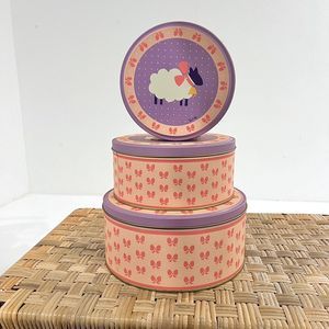 Vintage Antique Girls Coquette Bow Metal Container Set Of 3 - Pink With Sheep